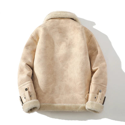 Airfield Suede Shearling Aviator Jacket with Wide Lapel and Buckle Cuffs