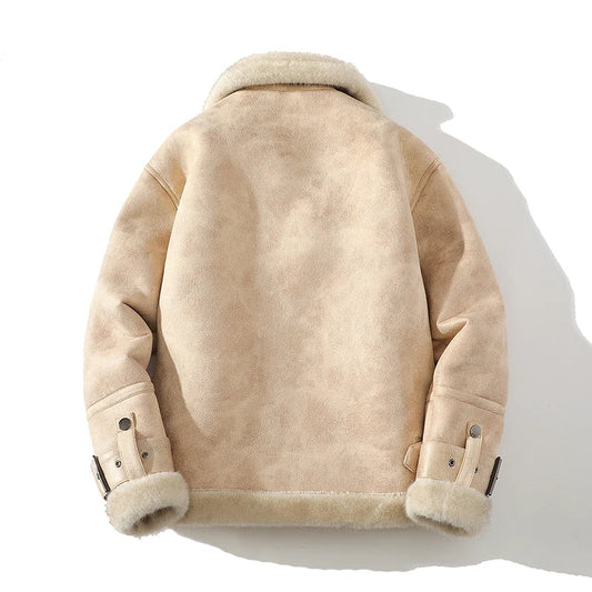 Airfield Suede Shearling Aviator Jacket with Wide Lapel and Buckle Cuffs