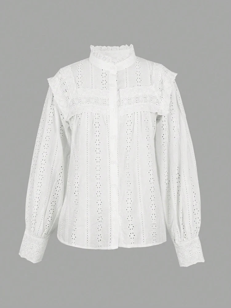Bohemian Eyelet Embroidered Long Sleeve Blouse with Scalloped Edge Finish
