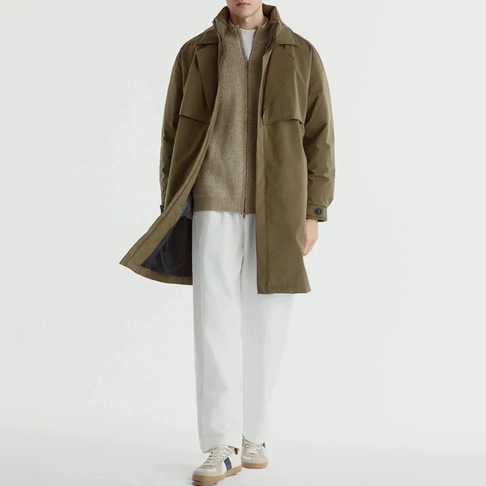 Briar Long Field Coat with Oversized Lapel and Zip Up Inner Collar
