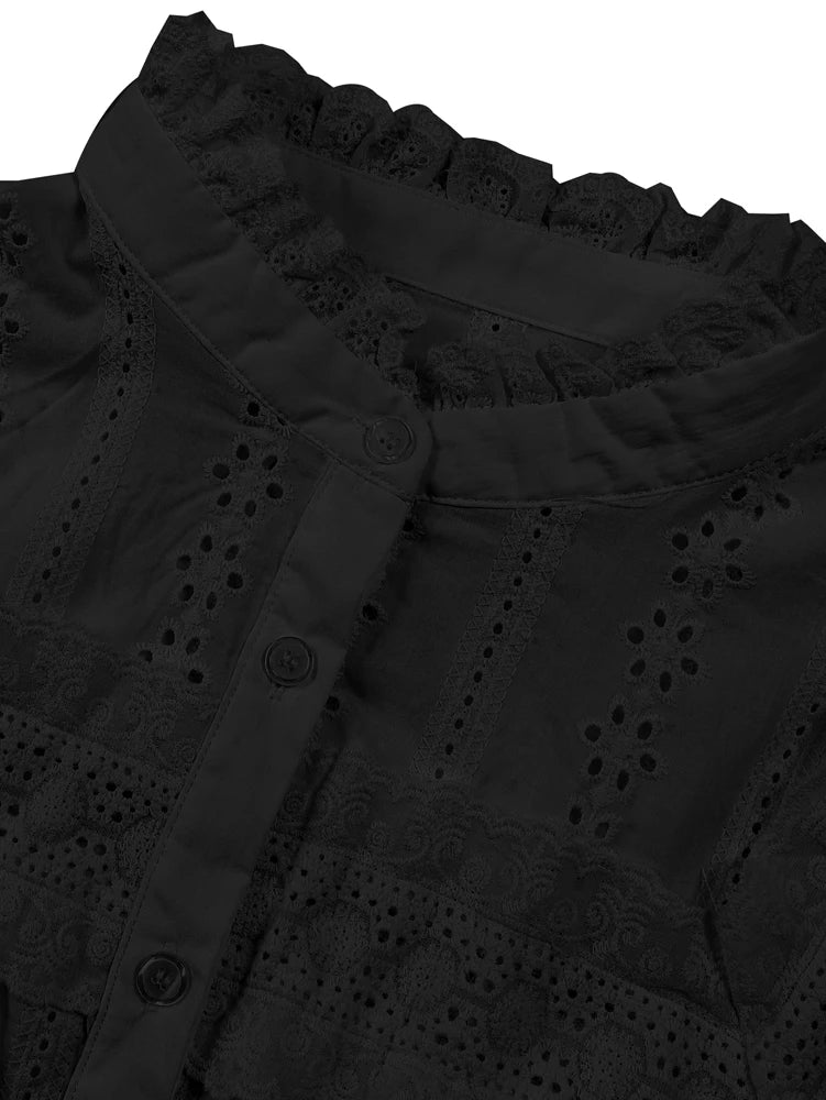 Bohemian Eyelet Embroidered Long Sleeve Blouse with Scalloped Edge Finish