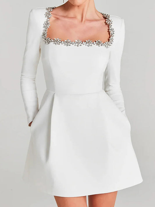 Selene Square Neck Velvet A-Line Mini Dress with Floral Crystal Trim