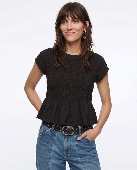 Olivia Short Sleeve Smocked Peplum Blouse featuring Crewneck and Flared Hem