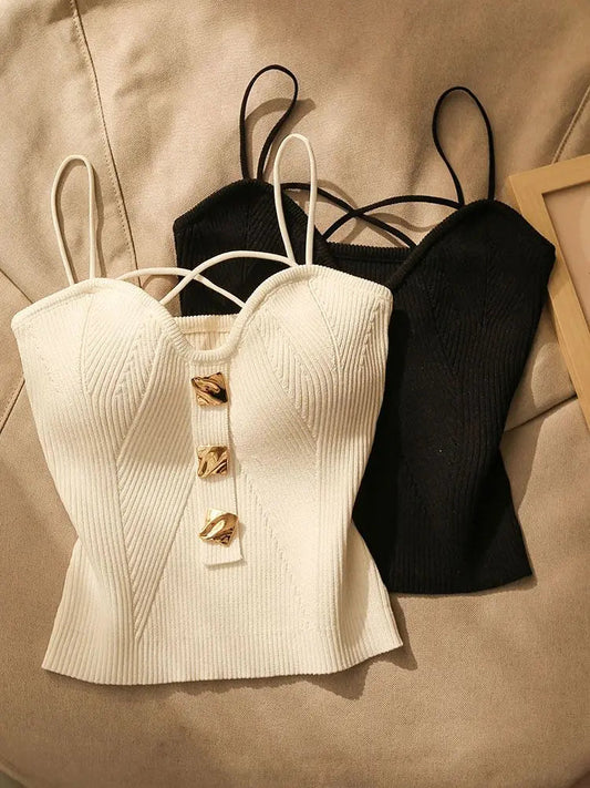 Sophie Ribbed Knit Corset Camisole with Cross Back Straps and Gold Buttons