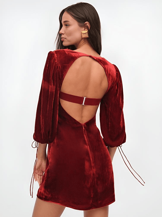 Sophie Sweetheart Velvet Mini Dress with Ruched Blouson Sleeves