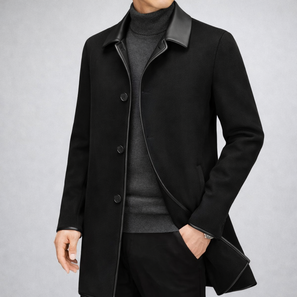 Vienna Longline Wool Coat, Contrast Leather Collar Trim and Slash Pockets