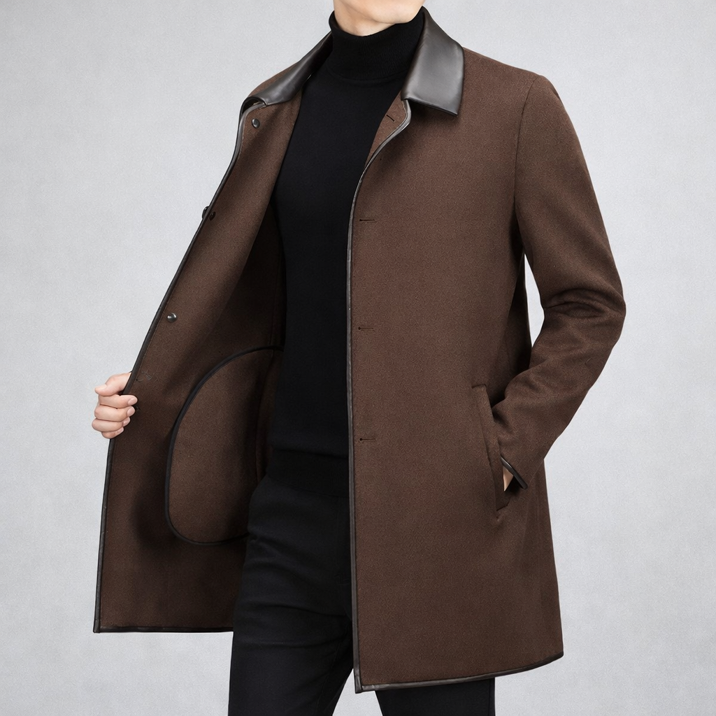 Vienna Longline Wool Coat, Contrast Leather Collar Trim and Slash Pockets