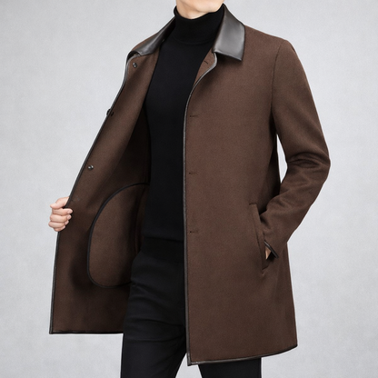 Vienna Longline Wool Coat, Contrast Leather Collar Trim and Slash Pockets