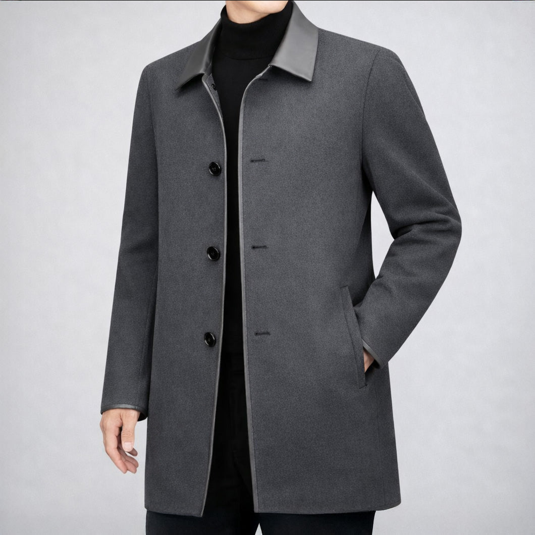 Vienna Longline Wool Coat, Contrast Leather Collar Trim and Slash Pockets