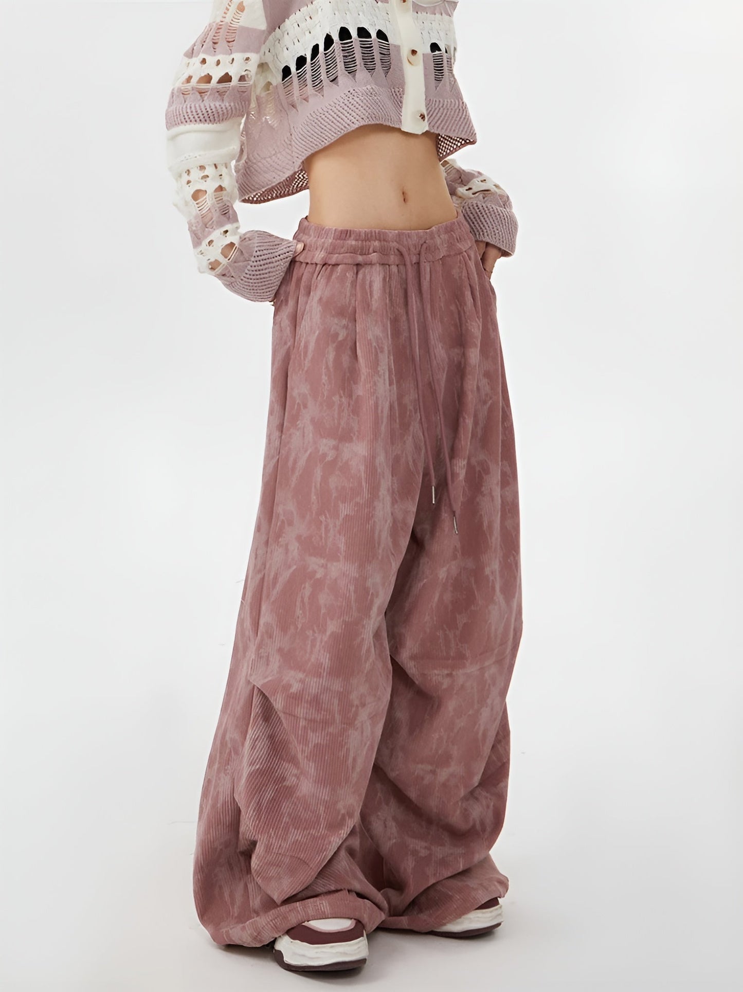 Acid Wash Corduroy Sweatpants featuring Wide Leg Silhouette and Drawstring Waist