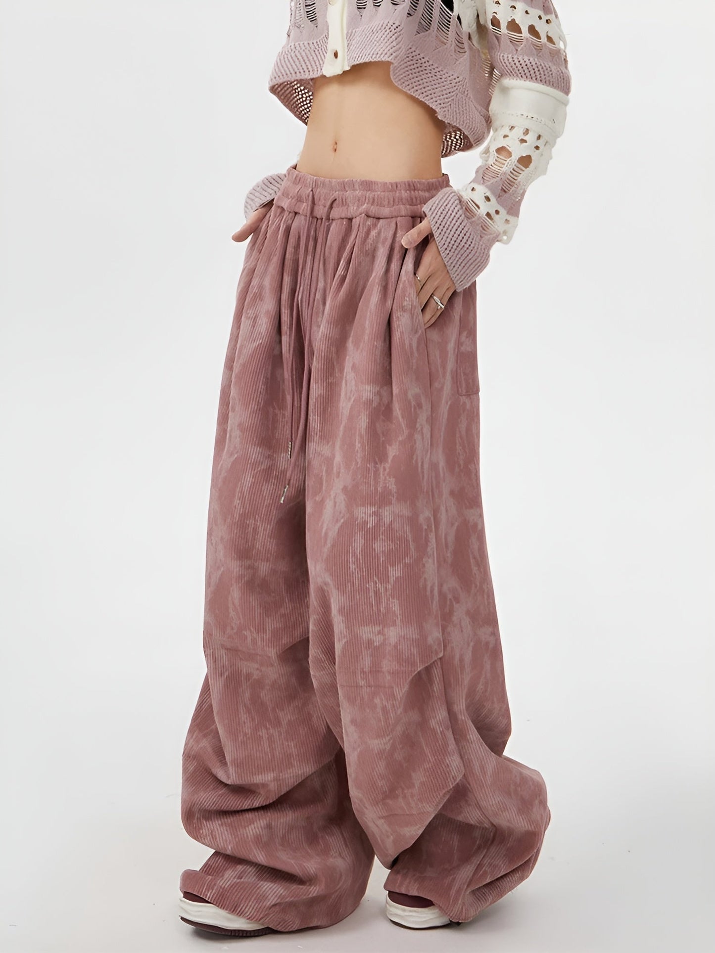 Acid Wash Corduroy Sweatpants featuring Wide Leg Silhouette and Drawstring Waist