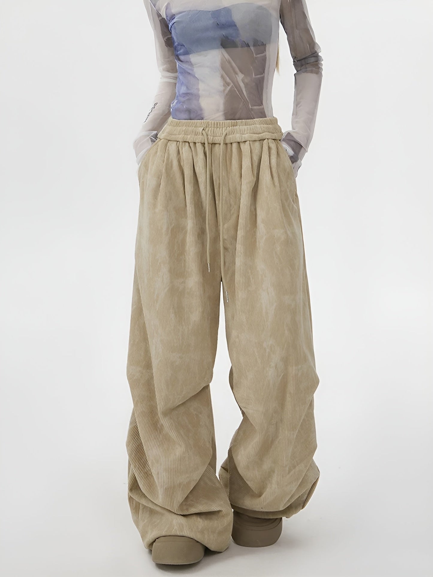 Acid Wash Corduroy Sweatpants featuring Wide Leg Silhouette and Drawstring Waist