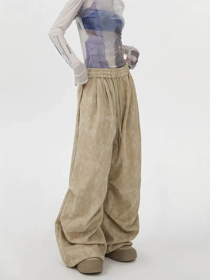 Acid Wash Corduroy Sweatpants featuring Wide Leg Silhouette and Drawstring Waist