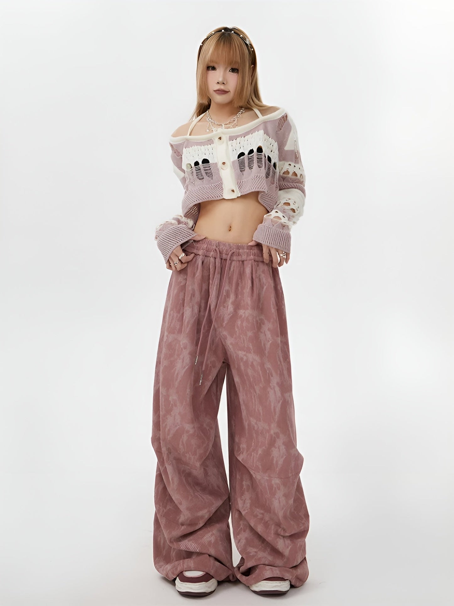 Acid Wash Corduroy Sweatpants featuring Wide Leg Silhouette and Drawstring Waist