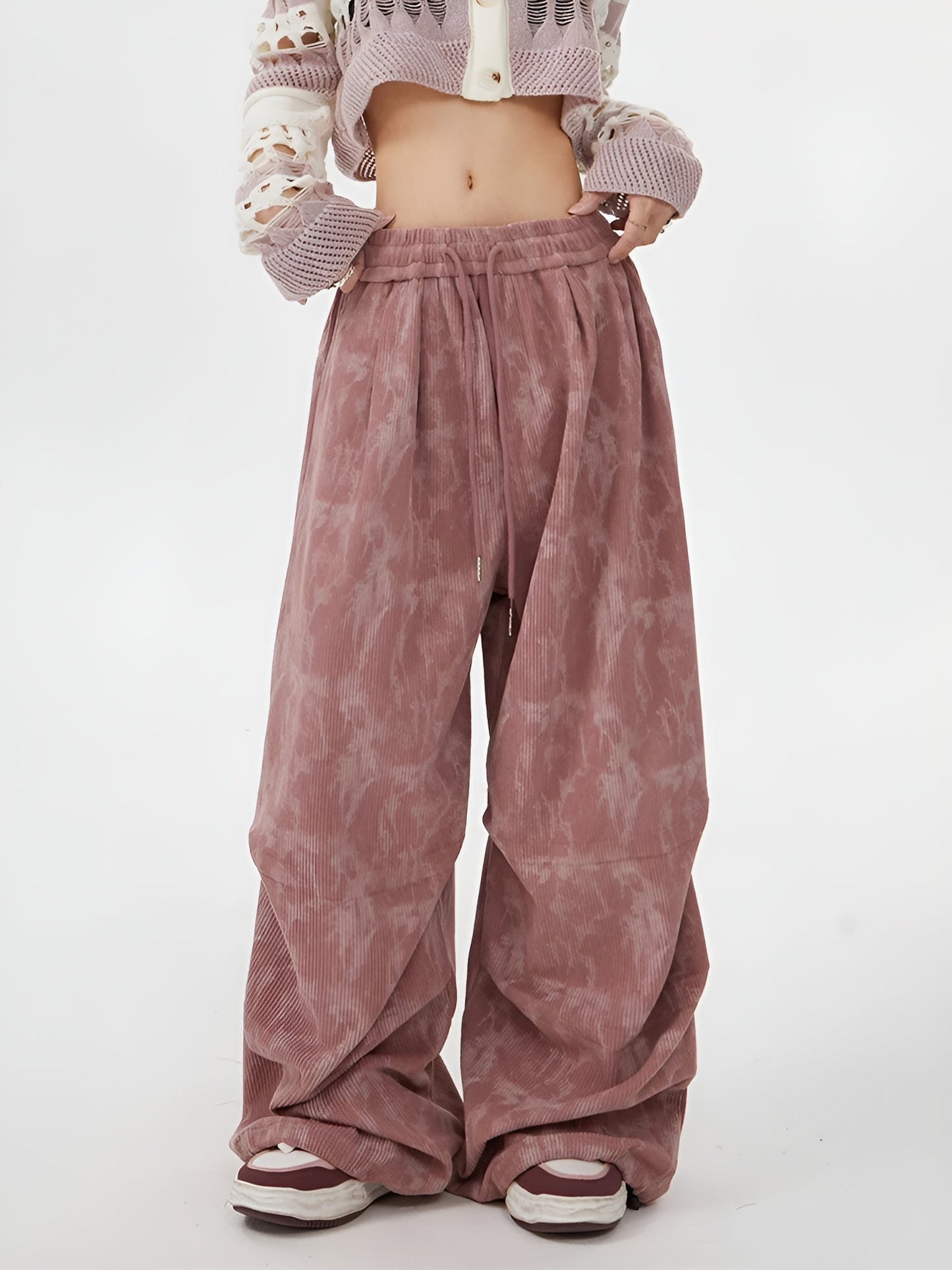 Acid Wash Corduroy Sweatpants featuring Wide Leg Silhouette and Drawstring Waist