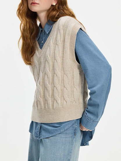 Ada Chunky Cable Knit Sweater Vest featuring Deep V-Neck and Ribbed Hem Trim