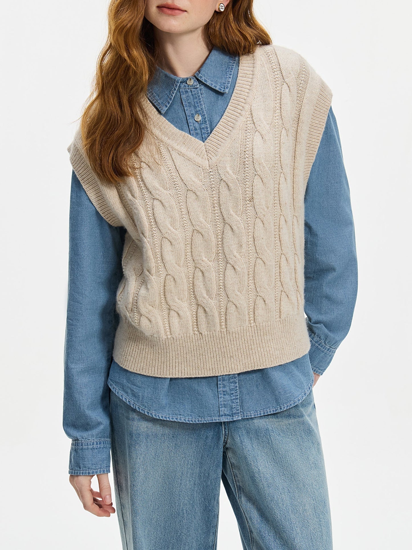 Ada Chunky Cable Knit Sweater Vest featuring Deep V-Neck and Ribbed Hem Trim