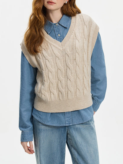 Ada Chunky Cable Knit Sweater Vest featuring Deep V-Neck and Ribbed Hem Trim