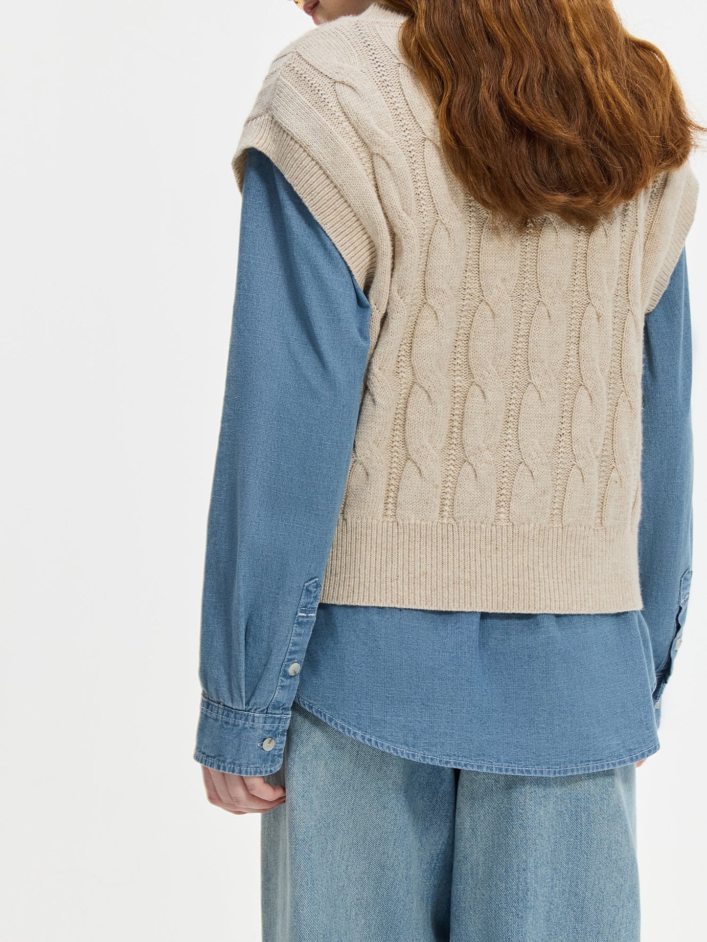 Ada Chunky Cable Knit Sweater Vest featuring Deep V-Neck and Ribbed Hem Trim