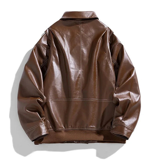 Addison Faux Leather Trucker Jacket with Contrast Stitching and Snap Buttons