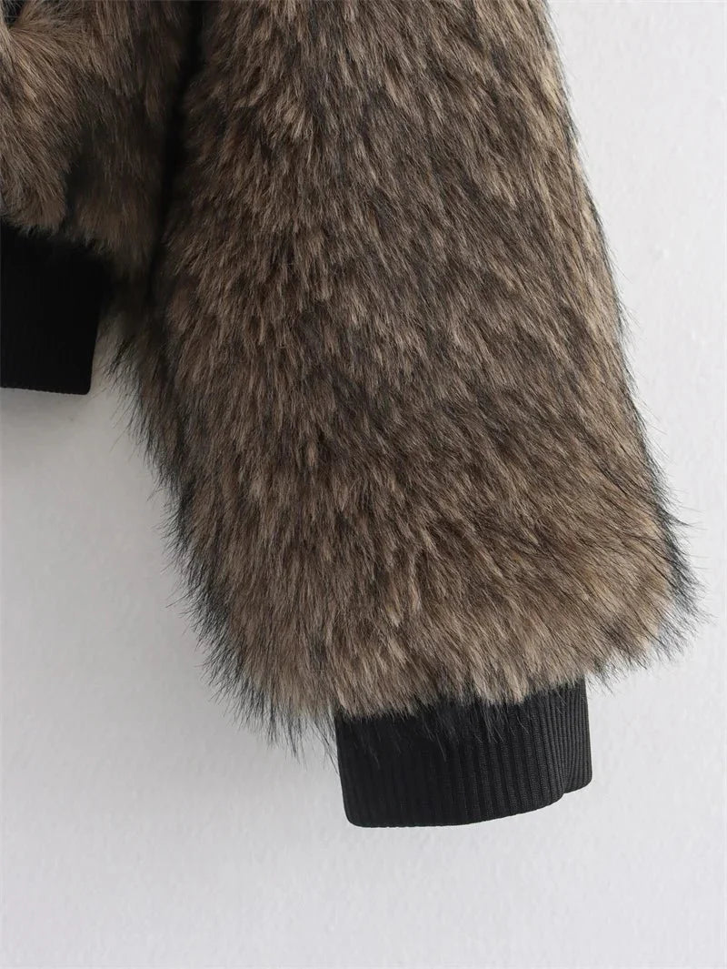 Amara Long Pile Faux Fur Bomber with Wide Collar and Contrast Ribbed Trim