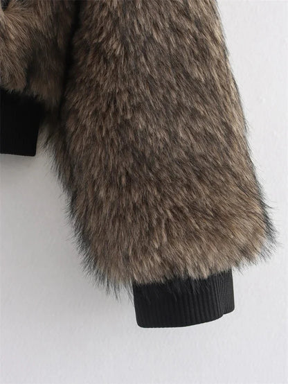 Amara Long Pile Faux Fur Bomber with Wide Collar and Contrast Ribbed Trim