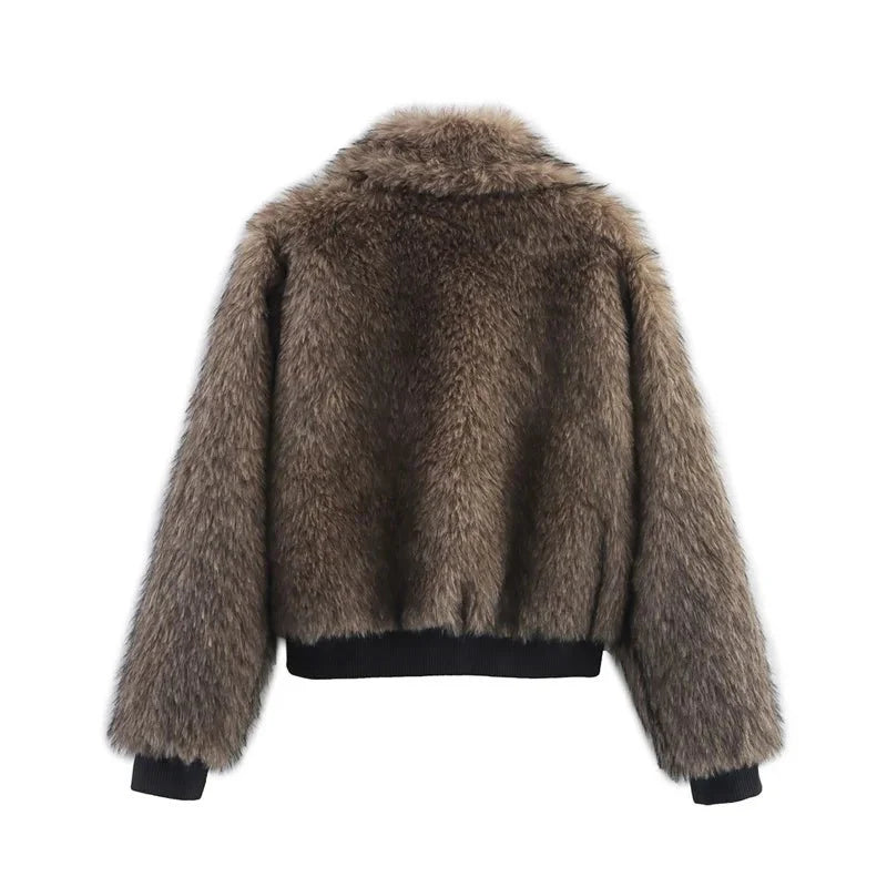 Amara Long Pile Faux Fur Bomber with Wide Collar and Contrast Ribbed Trim
