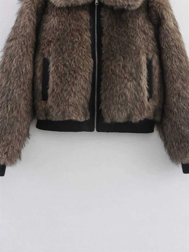 Amara Long Pile Faux Fur Bomber with Wide Collar and Contrast Ribbed Trim