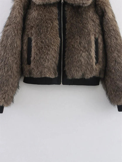 Amara Long Pile Faux Fur Bomber with Wide Collar and Contrast Ribbed Trim