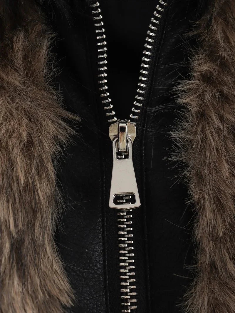 Amara Long Pile Faux Fur Bomber with Wide Collar and Contrast Ribbed Trim