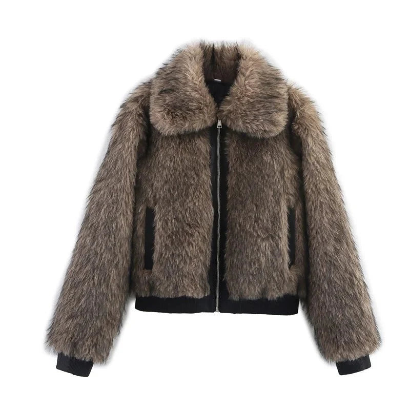 Amara Long Pile Faux Fur Bomber with Wide Collar and Contrast Ribbed Trim