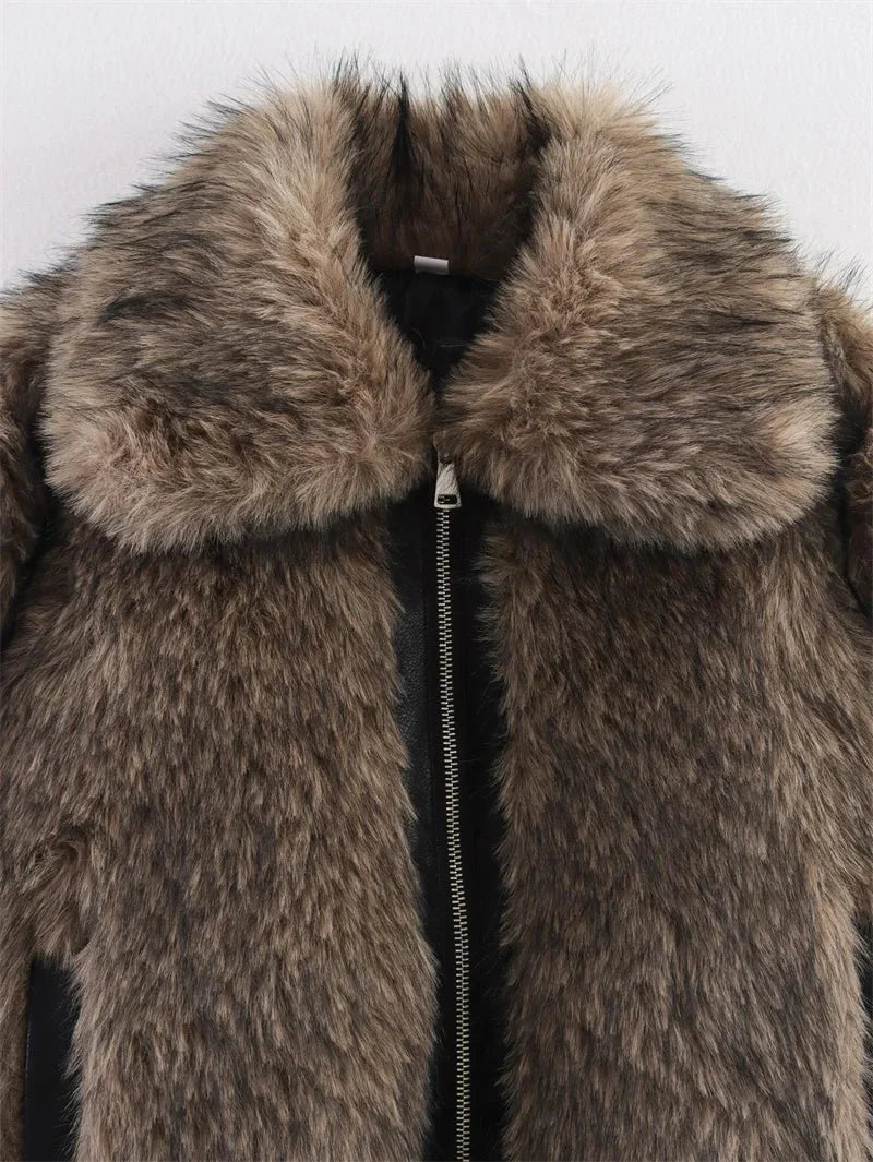 Amara Long Pile Faux Fur Bomber with Wide Collar and Contrast Ribbed Trim