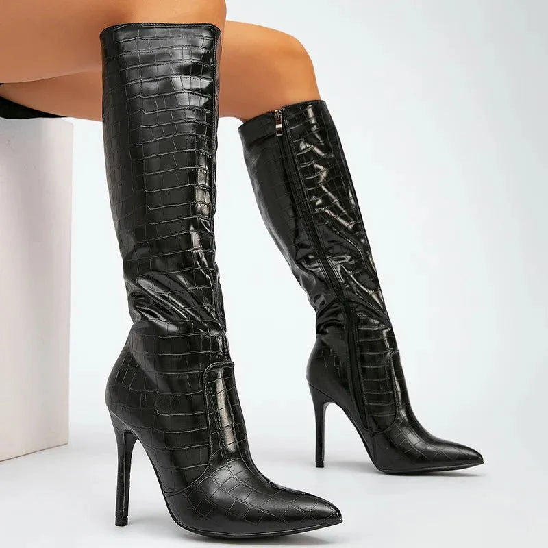 Amber Pointed Toe Knee High Boots with Croc Embossed Upper and Stiletto Heel