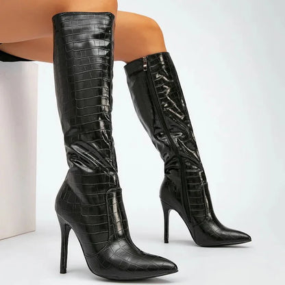 Amber Pointed Toe Knee High Boots with Croc Embossed Upper and Stiletto Heel