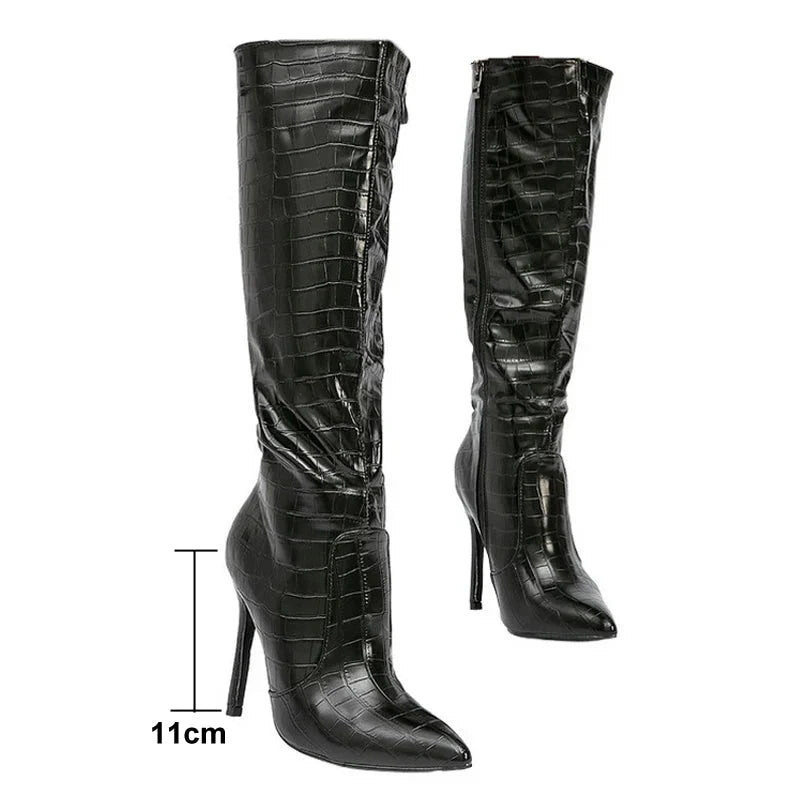 Amber Pointed Toe Knee High Boots with Croc Embossed Upper and Stiletto Heel