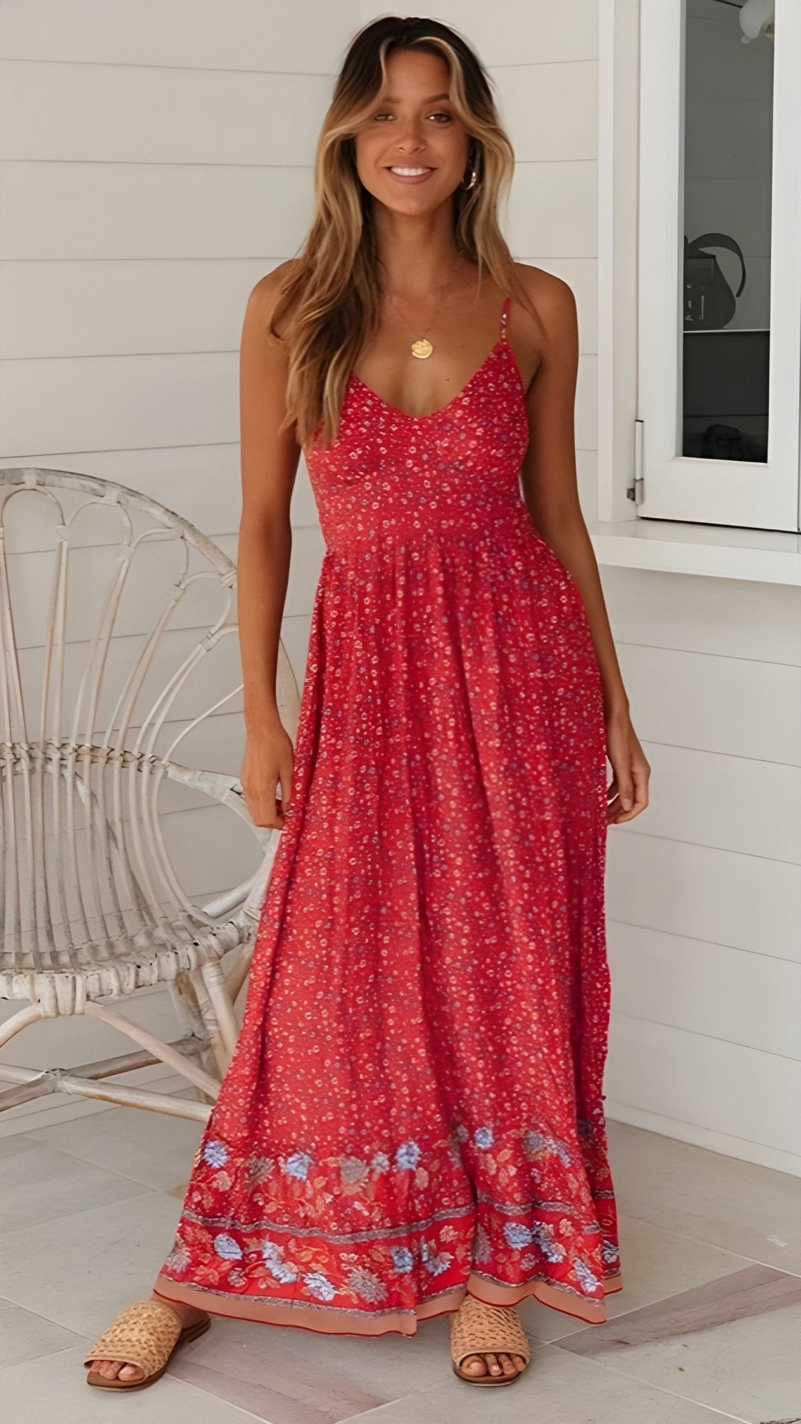 Amy Boho Ditsy Floral Maxi Sundress featuring V Neck Spaghetti Straps and Border Print Hem