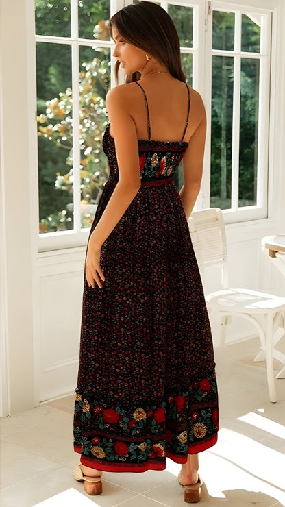 Amy Boho Ditsy Floral Maxi Sundress featuring V Neck Spaghetti Straps and Border Print Hem