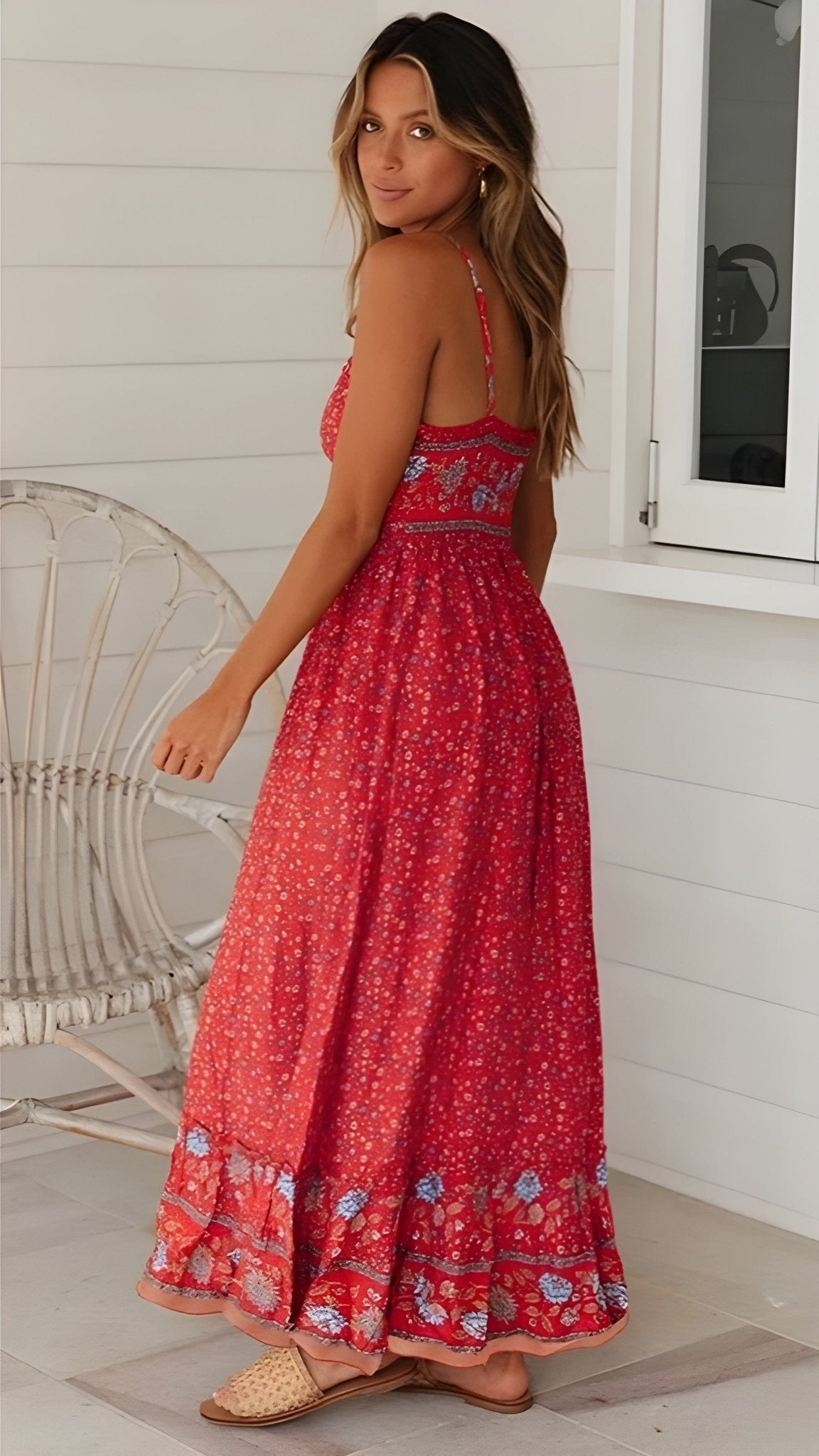 Amy Boho Ditsy Floral Maxi Sundress featuring V Neck Spaghetti Straps and Border Print Hem