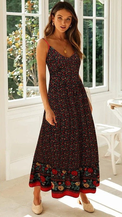 Amy Boho Ditsy Floral Maxi Sundress featuring V Neck Spaghetti Straps and Border Print Hem