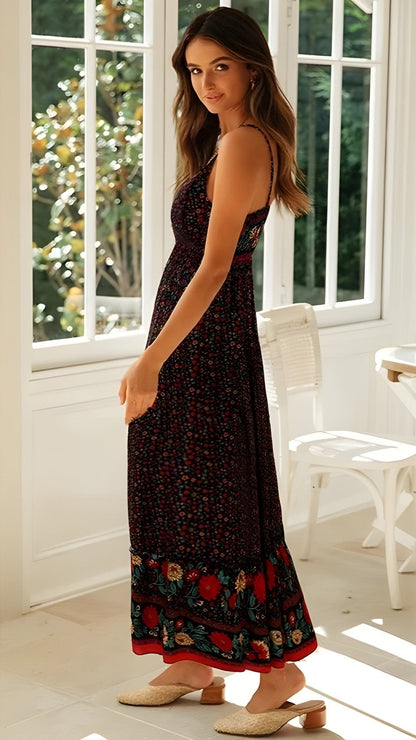 Amy Boho Ditsy Floral Maxi Sundress featuring V Neck Spaghetti Straps and Border Print Hem