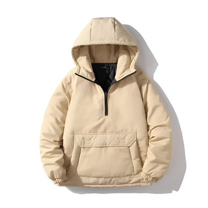 Anorak Pullover Down Puffer Jacket with Quarter Zip Hood and Kangaroo Pocket