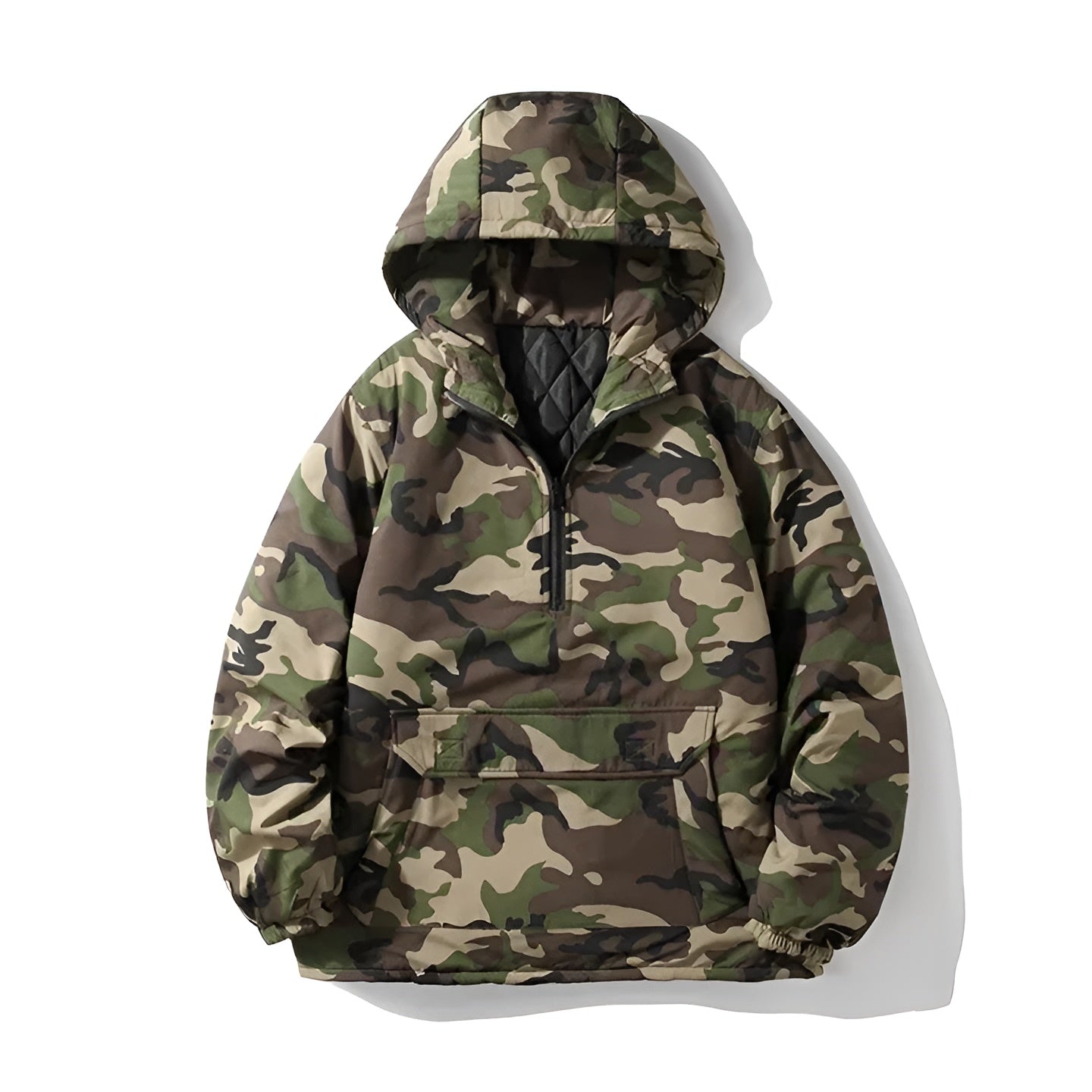 Anorak Pullover Down Puffer Jacket with Quarter Zip Hood and Kangaroo Pocket
