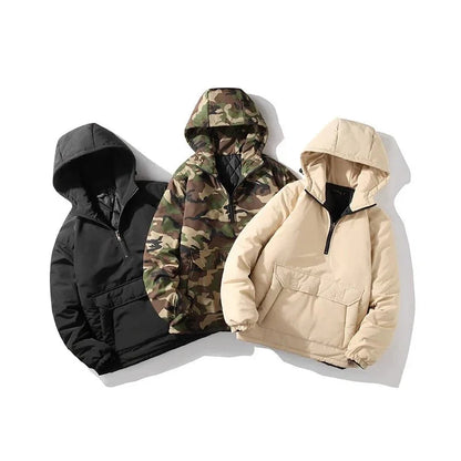 Anorak Pullover Down Puffer Jacket with Quarter Zip Hood and Kangaroo Pocket