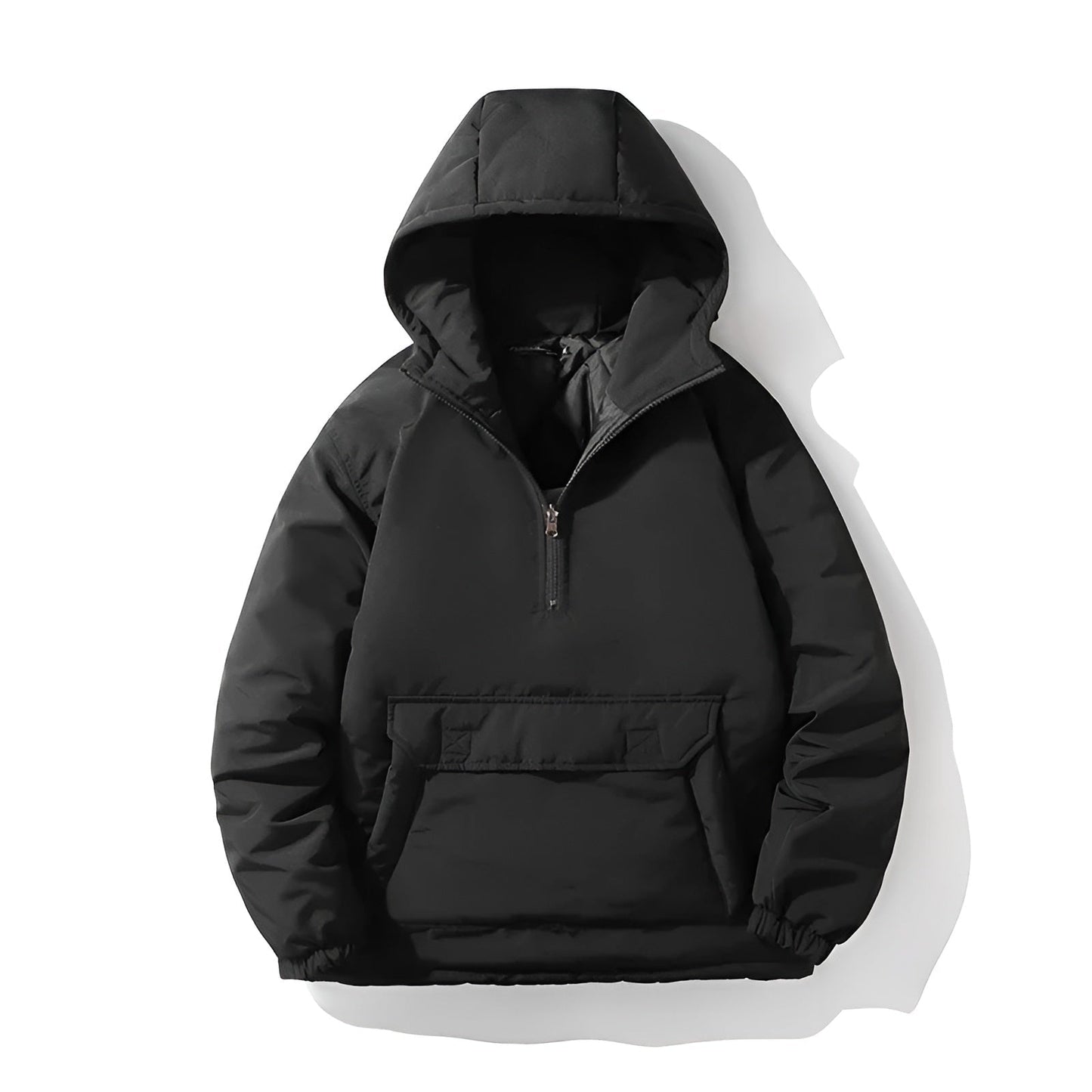 Anorak Pullover Down Puffer Jacket with Quarter Zip Hood and Kangaroo Pocket