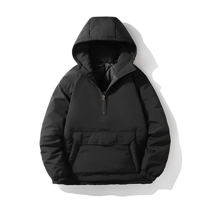 Anorak Pullover Down Puffer Jacket with Quarter Zip Hood and Kangaroo Pocket