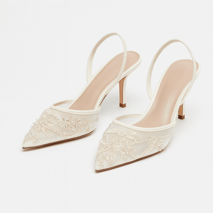 Aria Pointed Toe Mesh Slingback Heels with Floral Beaded Embroidery and Kitten Heel