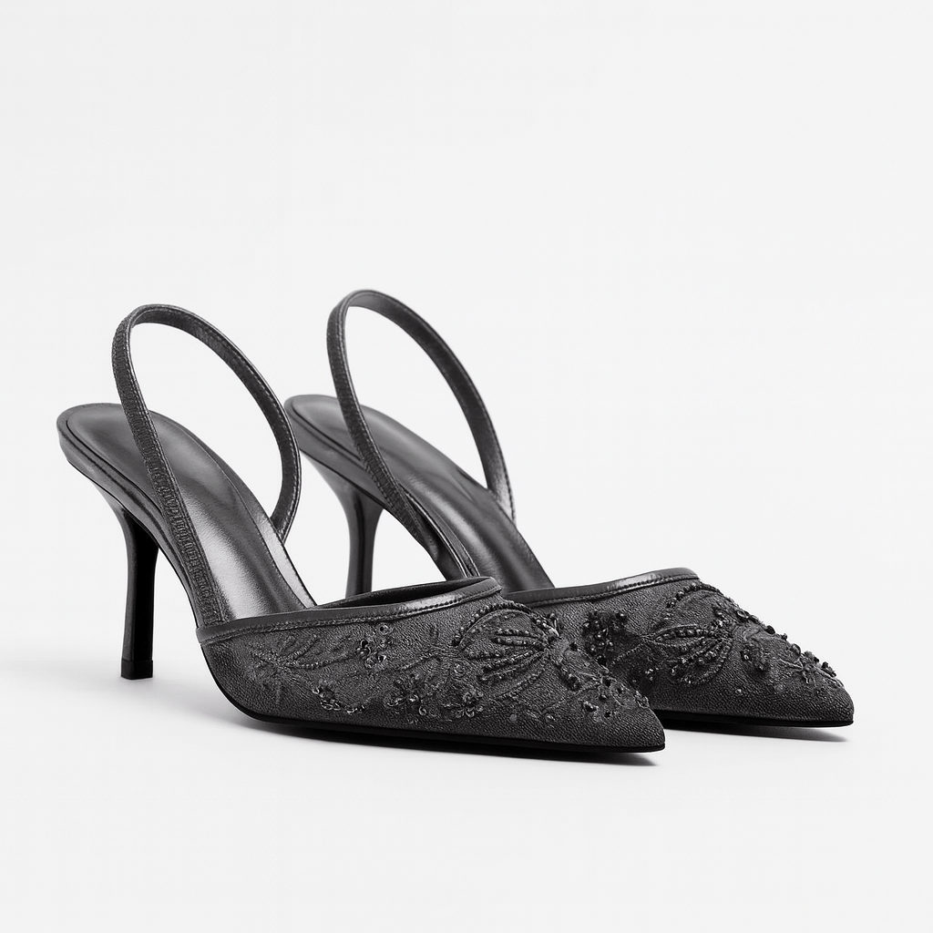 Aria Pointed Toe Mesh Slingback Heels with Floral Beaded Embroidery and Kitten Heel