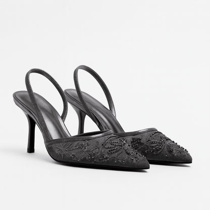 Aria Pointed Toe Mesh Slingback Heels with Floral Beaded Embroidery and Kitten Heel