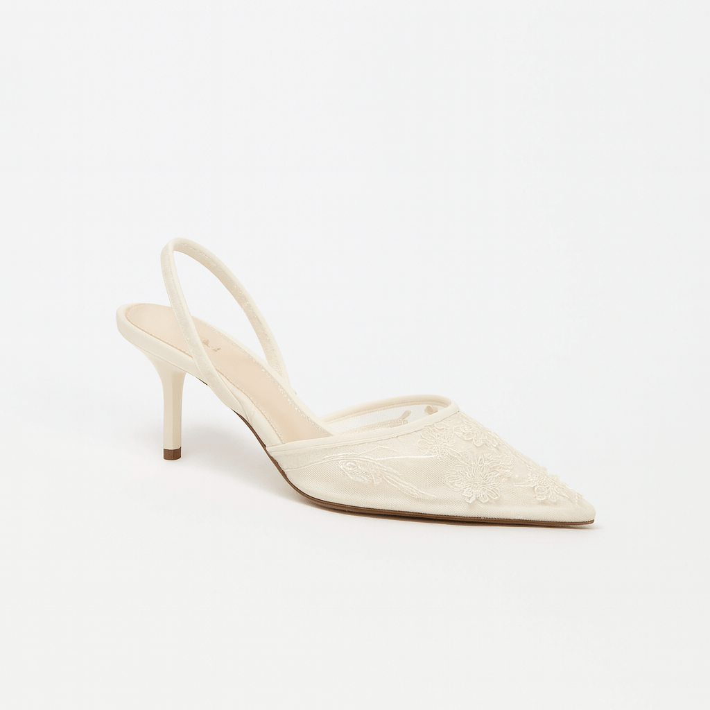 Aria Pointed Toe Mesh Slingback Heels with Floral Beaded Embroidery and Kitten Heel