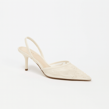 Aria Pointed Toe Mesh Slingback Heels with Floral Beaded Embroidery and Kitten Heel